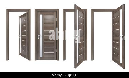 Contemporary set of 3D realistic doors with vertical glass stripe and horizontal wooden planks. High resolution texture of grey oak wood entrances iso Stock Photo