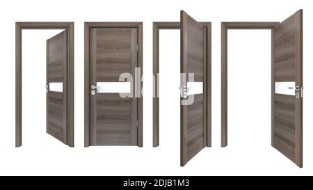 Modern set of grey oak wooden doors with matt glass stripe, isolated on white. Simple contemporary style of brown indoor entrance for minimalistic sty Stock Photo