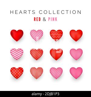 Set of red and pink decorative Hearts with shadow. Abstract decoration element. Stylized Hearts collection for greeting card or other templates. Vecto Stock Vector