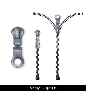 Zipper. Closed and open zip set. Vector illustration isolated on white background Stock Vector