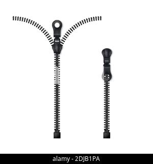 Zipper. Closed and open black zip. Vector illustration isolated on white background Stock Vector