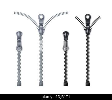 Zipper set. Close and open detail zip. Vector illustration isolated on white Stock Vector