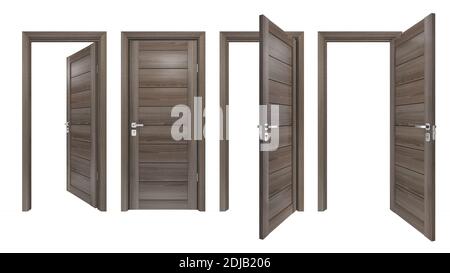 Set of modern, solid hard wood, single, 3D realistic entrances. Front view of closed and open intside, outside doors with grey oak wooden planks Stock Photo