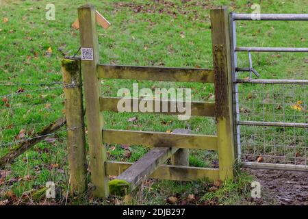 Wooden stile and farm gate on a field boundary in Corwen North Wales Stock Photo