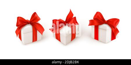 Set of three white gift boxes with red silk ribbon bow isolated on white background. Vector illustration Stock Vector