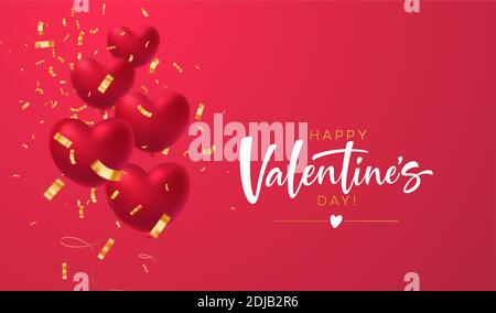 Red glittering heart shape balloons with gold glittering confetti inscription Happy Valentines Day on red background. Vector illustration Stock Vector