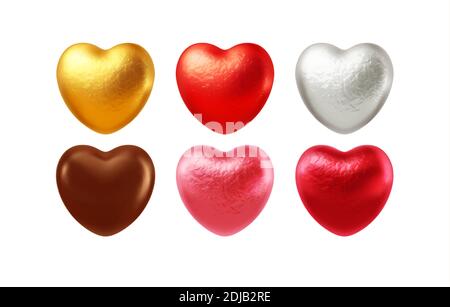 Set of realistic heart shaped chocolates wrapped in foil candy wrapper. Festive design element for Happy Valentines Day. Vector illustration Stock Vector