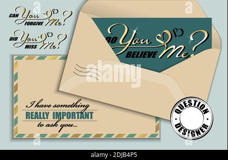 Hand drawn calligraphy lettering with copy space card and vintage envelope. Vector mockup constructor of questions. Do you believe me. Can you forgive Stock Vector