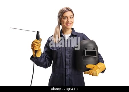 Female welder in a uniform with a welding machine and a helmet isolated on white background Stock Photo