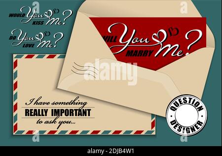 Hand drawn calligraphy lettering with copy space card and vintage envelope. Vector mockup constructor of questions. Will you marry me. Would you kiss Stock Vector