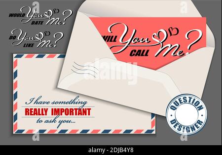 Hand drawn calligraphy lettering with copy space card and vintage envelope. Vector mockup constructor of questions. Will you call me. Would you date m Stock Vector