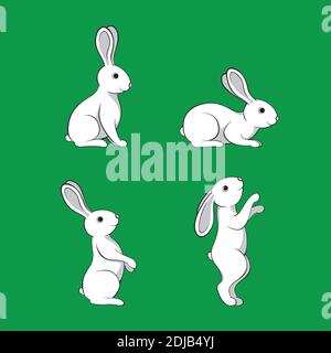 set of white rabbits on a green background. Stock Vector