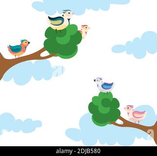Birds sit on branches against a background of blue clouds. Stock Vector