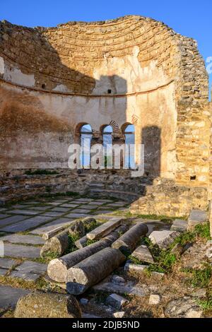 The 10 century ruines of Saint Achilleios Basilica on the island of Agios Achilleios on Mikri Prespa lake, Macedonia, Northern Greece. Stock Photo