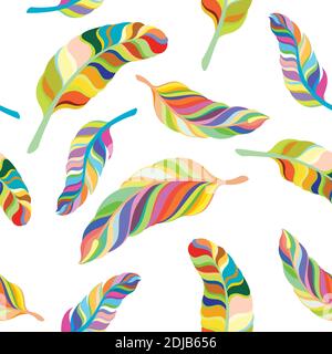 seamless pattern colorful feathers on white background. Stock Vector