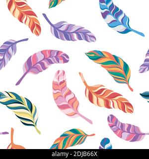 seamless pattern colorful feathers on white background. Stock Vector