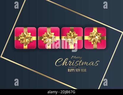 Christmas gift present boxes. 3D realistic Xmas gift boxes with golden bow on dark navy blue background. Christmas holiday wishes text. 3D rendering. Stock Photo
