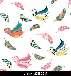 seamless pattern birds and feathers on white background. Stock Vector
