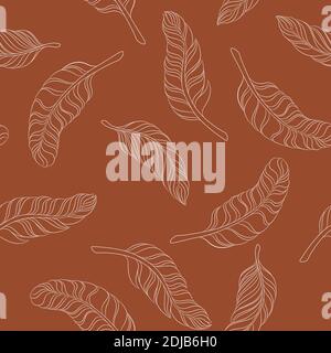 seamless pattern feathers on a brown background. Stock Vector