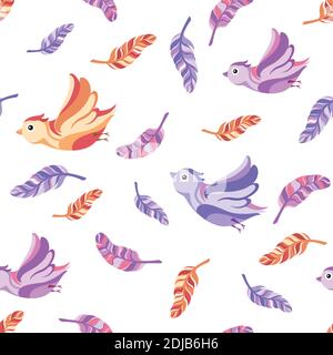 seamless pattern birds and feathers on white background. Stock Vector
