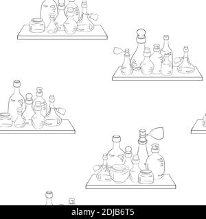 seamless pattern glass jars on the shelf on white background. Stock Vector