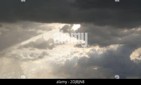 Dark cloud in cloudy gray sky with threatening clouds, looking gloomy and dangerous Stock Photo