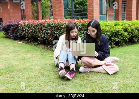 Asian female college students discuss over a computer while sitting on grass while using computer in beautiful university campus with grass, tree and Stock Photo