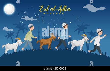 Eid al Adha greeting card. cartoon muslim boys take a goat for sacrifice with with full moon, stars and mosque as background. Vector illustration for Stock Vector