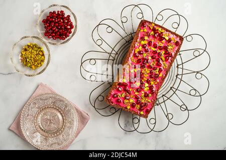 Pistachio Pomegranate Cake Stock Photo