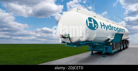 Tank trailer with hydrogen on the background of a green field and blue sky. Renewable energy Stock Photo