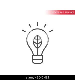 Lightbulb with leaf thin line icon. Eco or ecology, green energy concept outline symbol, editable stroke. Stock Vector