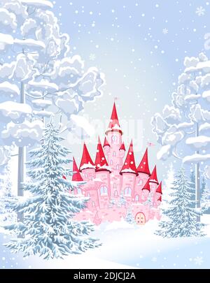 Pink princess castle in the winter snowy forest. Winter snowy night. Stock Vector
