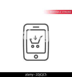 Shopping cart with mobile phone, online store. E-commerce concept thin line vector icon, editable stroke. Stock Vector