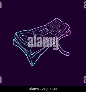 Classic retro gempad icon. Old stylized play console joystick. Simple outline joypad icon on purple background. For t-shirts prints and other projects Stock Vector