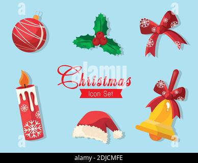 bundle of six happy merry christmas icons and lettering Stock Vector