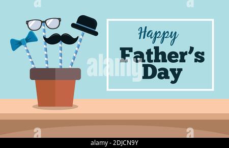 Happy father's day greeting card with maoustache, hat, eye glasses and tie in flat design Stock Vector