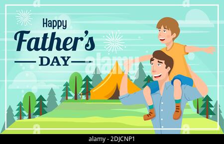 Happy father's day vector illustration for greeting card. father giving son shoulder ride on his shoulders in outdoor Stock Vector