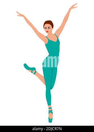 Beautiful ballerina in turquoise leotard with pants, hand drawing vector, isolated on the white background Stock Vector