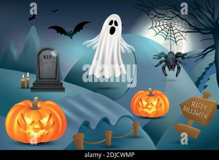 Happy Halloween background with pumpkin, ghost, gravestone, spider. 3d vector illustration Stock Vector