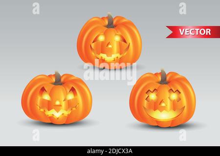 Set of scary pumpkins isolated on white background. suitable for halloween background, poster, banner and flyer Stock Vector