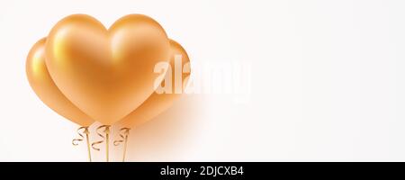Heart shaped golden balloons, on the white background with copy space. Horizontal vector banner, for romantic, or other holiday design decoration. Stock Vector