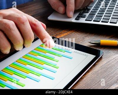 Man checks a business graph on a tablet. Modern paperless office work. Stock Photo