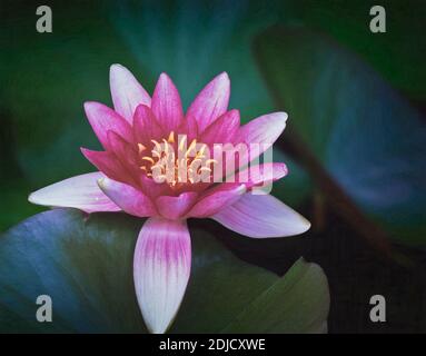 Red water lily in small pond near Alpine, Oregon. Stock Photo