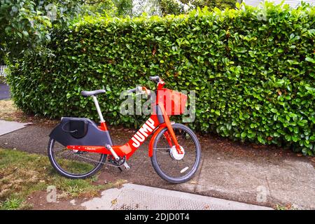 Electric bike from JUMP. Electric scooter and bicycle rentals in over 100 countries around the world. Seattle. United States. August 20, 2019. Stock Photo