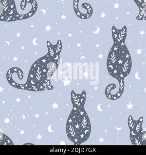 Cute hand drawn seamless pattern with cats and celestial elements in bohemian style. Hand drawn Scandinavian style vector illustration. Stock Vector