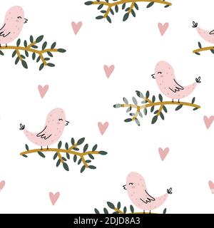 Seamless pattern with childish hand drawn bird and a branch in Scandinavian style with heart shapes around isolated on white background. Stock Vector