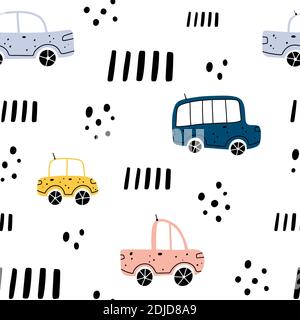 Cute childish seamless pattern with different colorful vehicles with abstract elements isolated on white background. Scandinavian style vector illustr Stock Vector