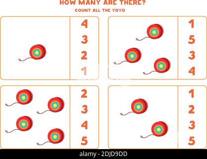 Counting game for kids. Count all cartoon yoyo. Worksheet for children. Stock Vector