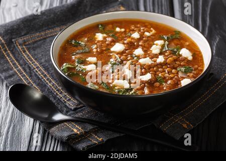 Fakes a traditional Greek vegetarian soup made from brown lentils with tomatoes, oil and feta close-up in a plate on the table. horizontal Stock Photo