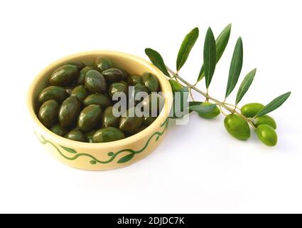 Green appetizer olives with an olive branch loaded with fruits isolated on white background. Stock Photo